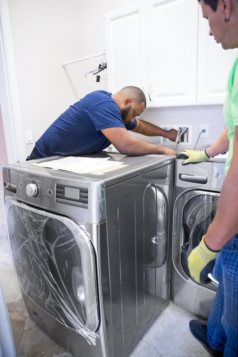 Series- Real appliance delivery men installing new washer and dryer